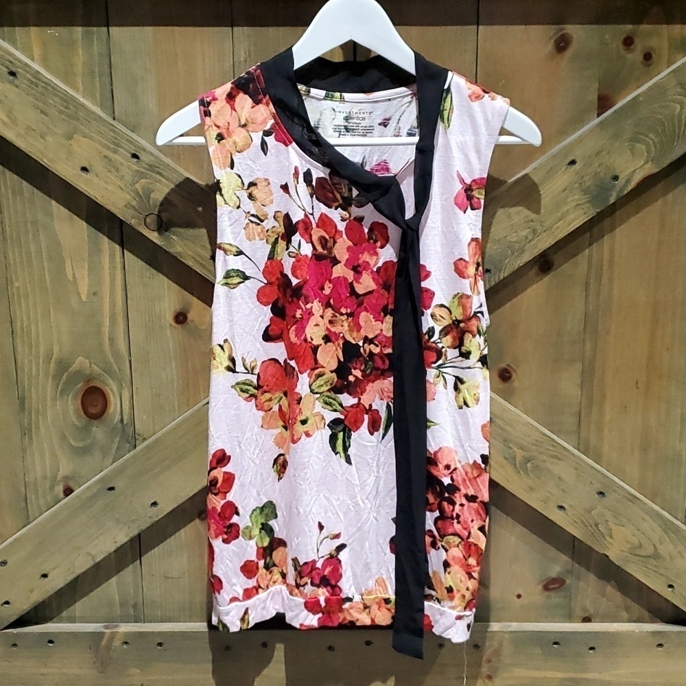 NEW SLEEVELESS FLORAL TOP WITH BLACK NECK TIE SIZE LARGE
